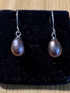 Freshwater Pearl Drop Earrings Sterling Silver wire 925 grey black  colored